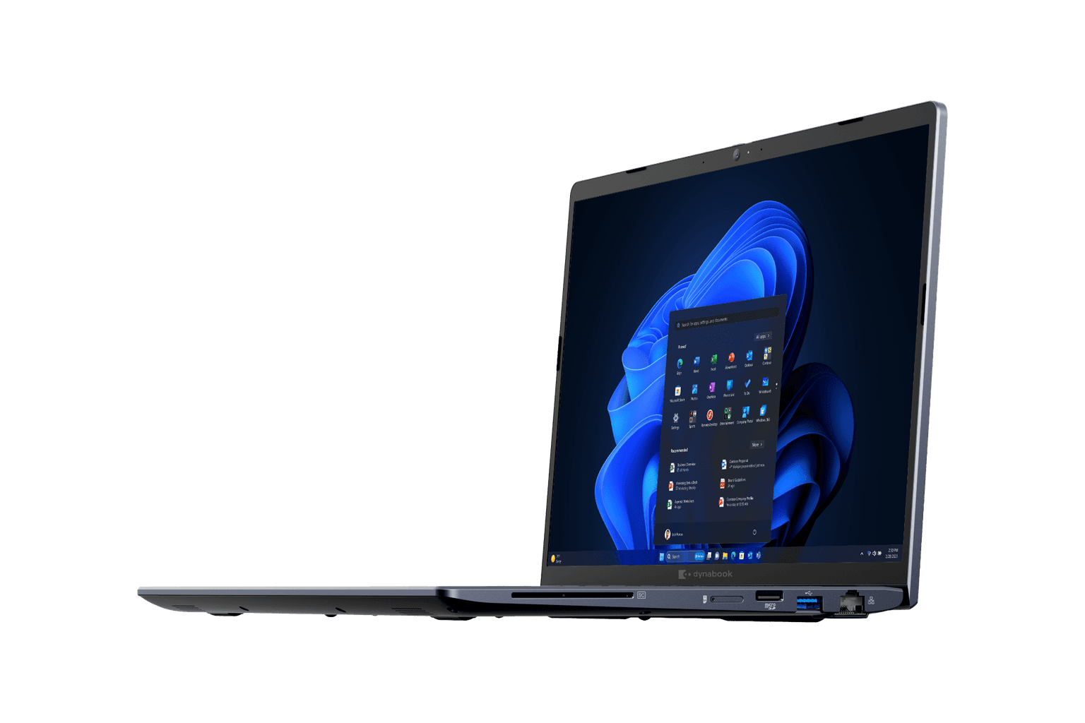 Dynabook Tecra A45-M 14-inch dark blue business laptop sitting on a modern executive desk