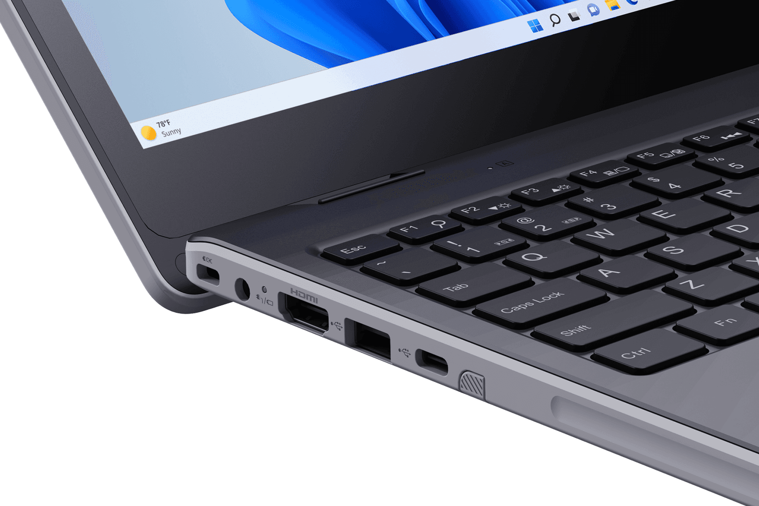Front view of the Dynabook E11 Series 11.6-inch compact educational laptop open on a table