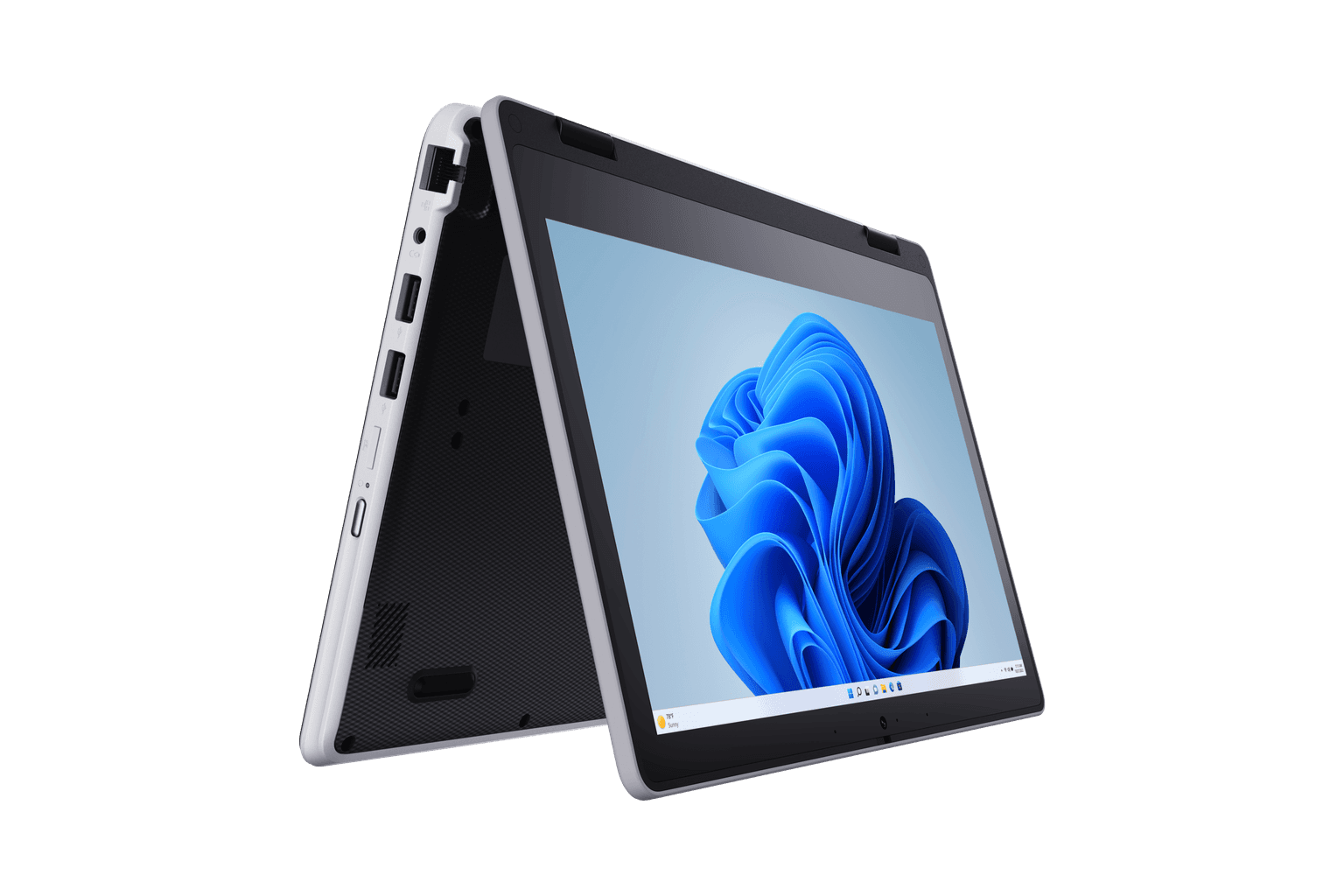 Dynabook E11W 2-in-1 keyboard deck displaying spill-resistant keycaps with water droplets safely beading off without penetrating internal circuits.