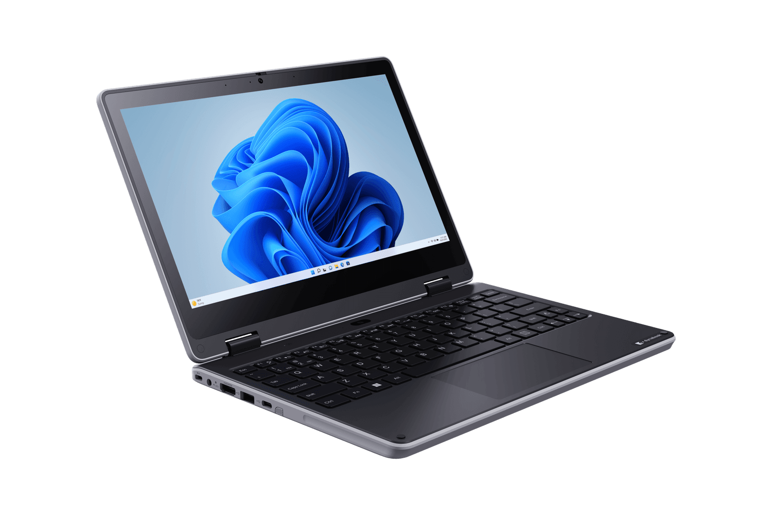 Close-up view of the Dynabook E11W keyboard deck showing the world-facing camera for capturing field photos and video in tablet mode.