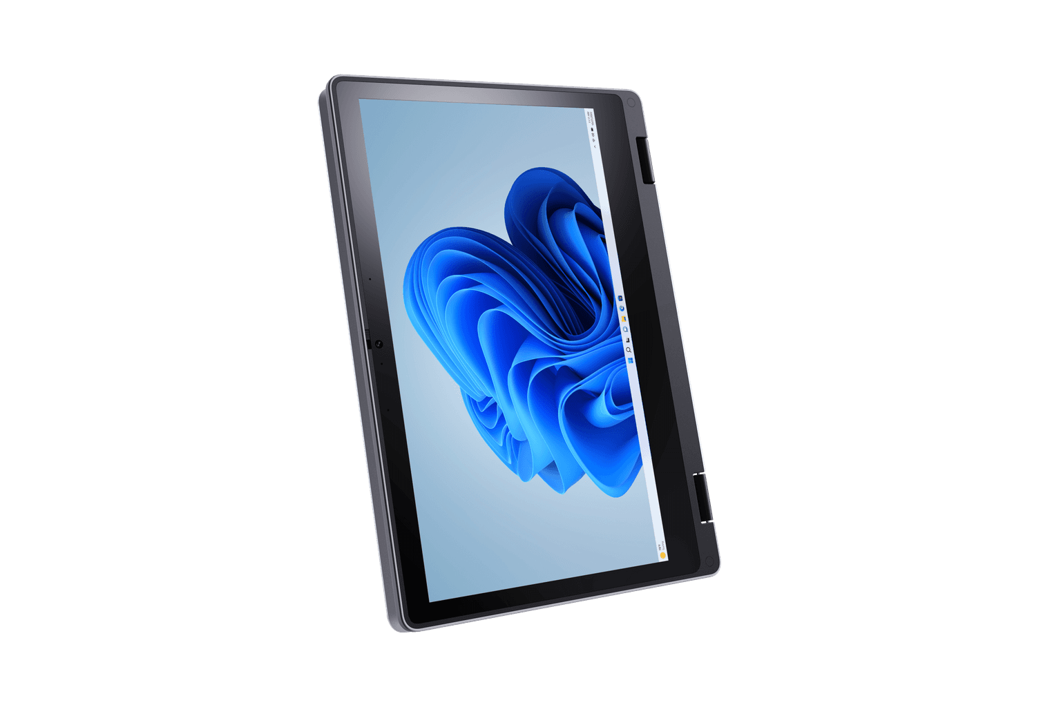 Dynabook E11W convertible laptop highlighting durable 360-degree dual-gear hinges and rubberized shock-absorbing corner bumpers.