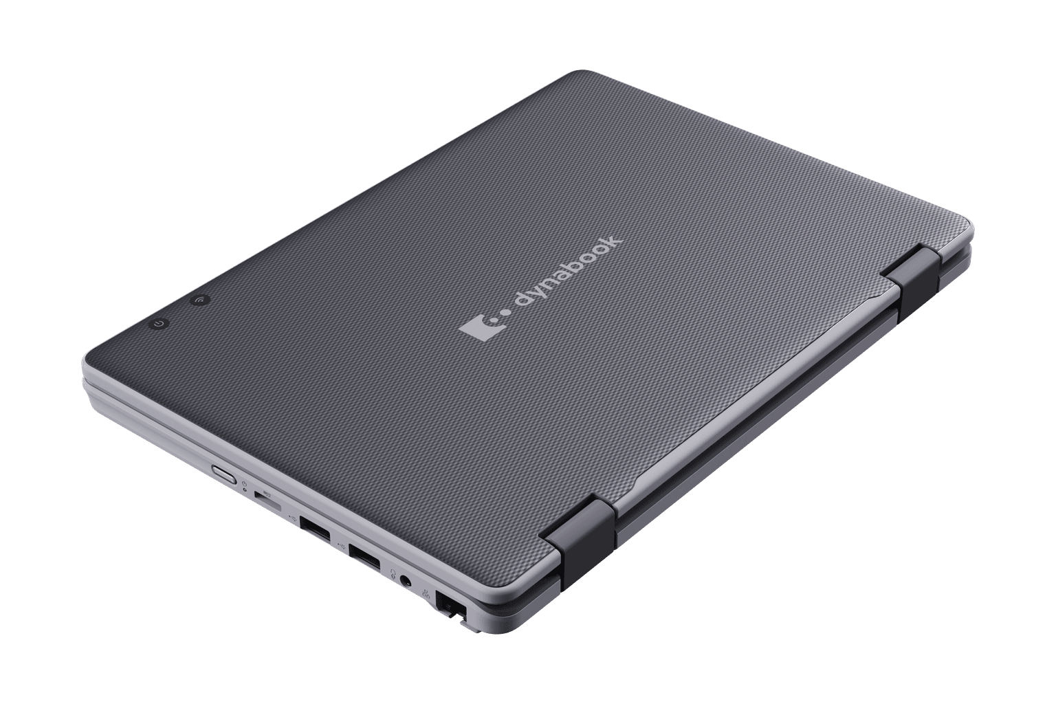 Dynabook E11W Series 2-in-1 convertible laptop demonstrating 360-degree hinge flexibility across laptop, tablet, tent, and stand modes.