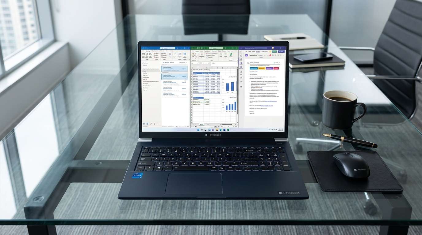 Dynabook Tecra A60-P 16-inch 16:10 WUXGA display lying flat at 180 degrees on an executive glass table