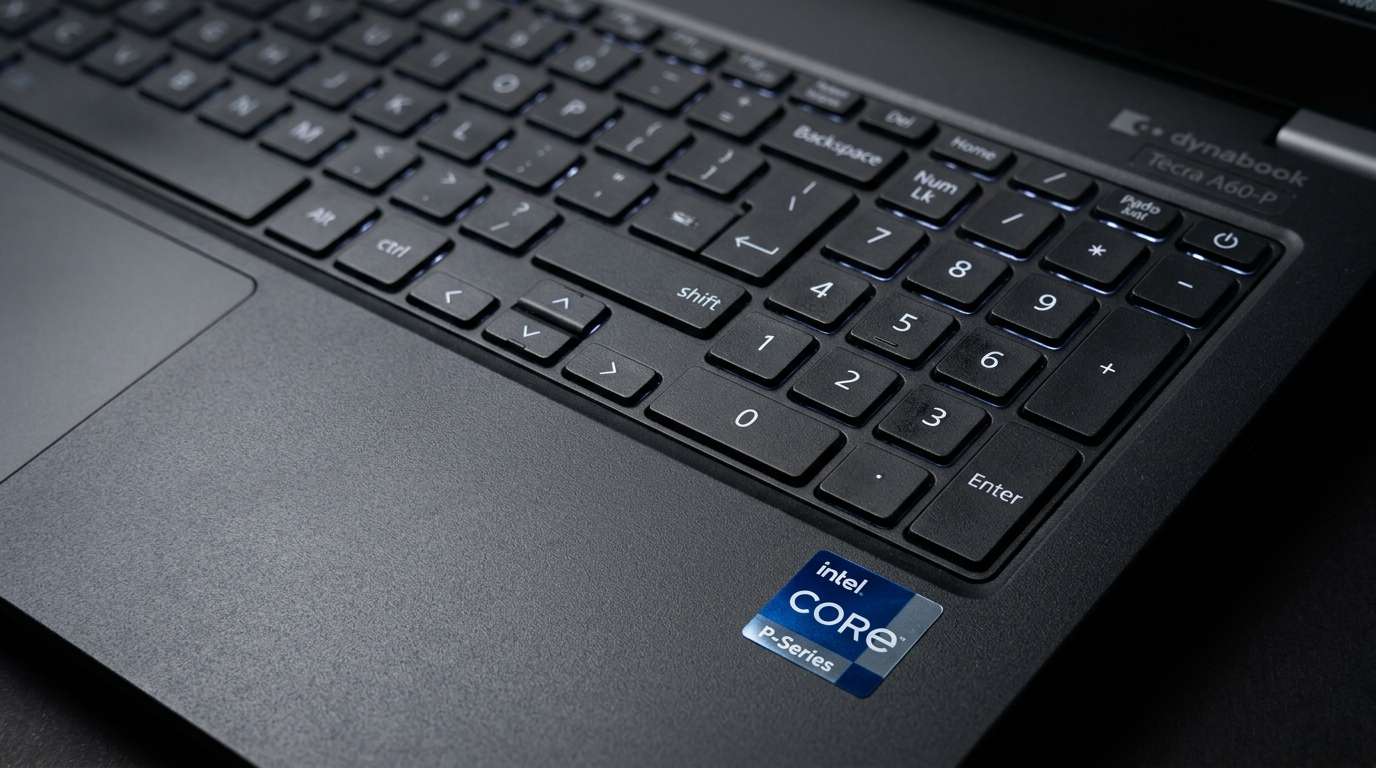 Macro photograph of Dynabook Tecra A60-P keyboard deck highlighting Intel Core P-Series processor badge and numeric keypad