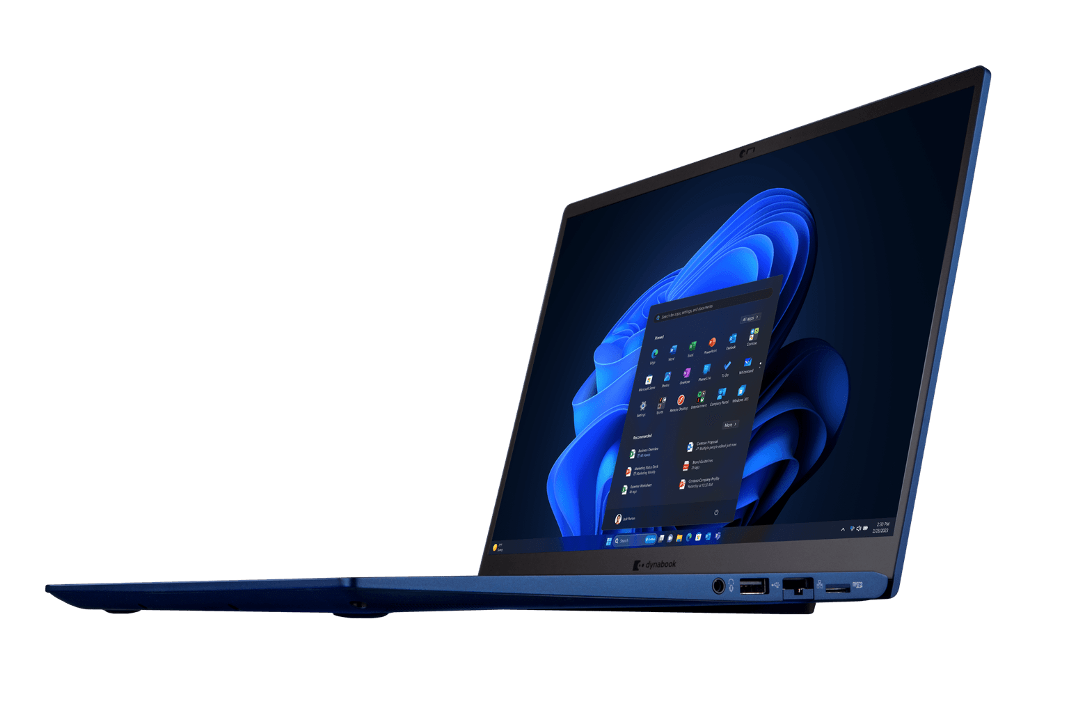 Dynabook Portégé X40L-M executive laptop connected to dual 4K monitors via Thunderbolt 4 ports