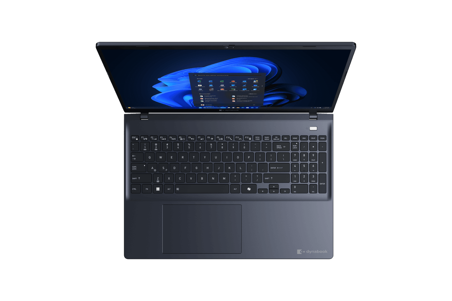 Close-up view of full 10-key numeric keypad and spill-resistant backlit keyboard deck on Dynabook Tecra A65-M