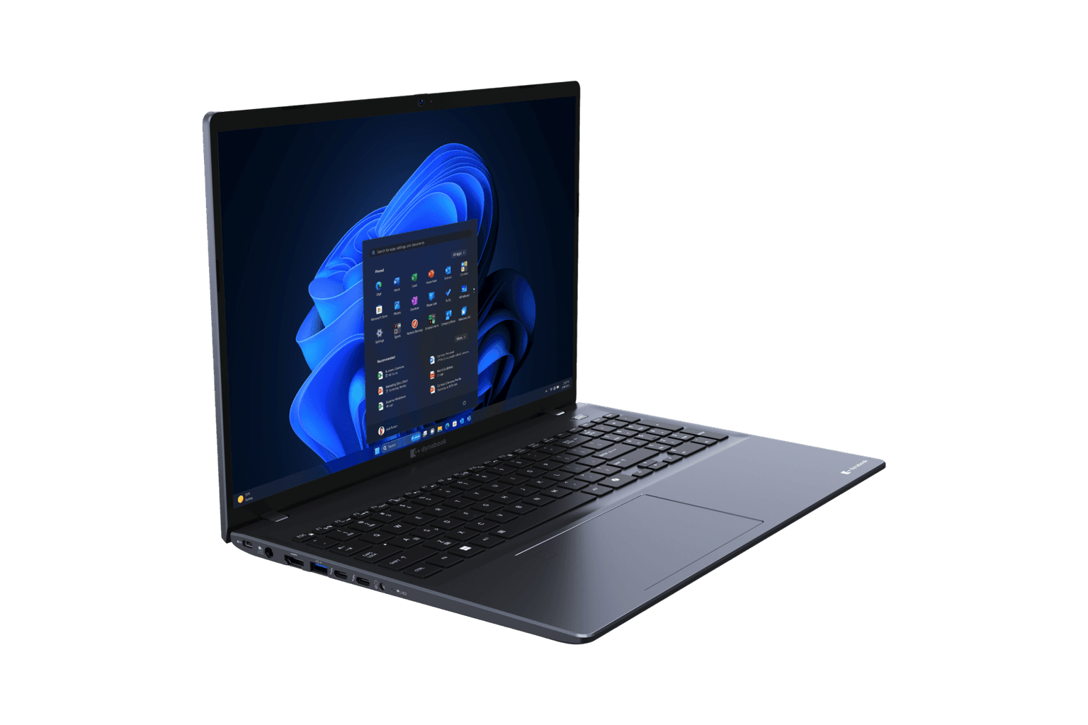Dynabook Tecra A65-M 16-inch 16:10 WUXGA anti-glare display open flat at a 180-degree angle on a conference table