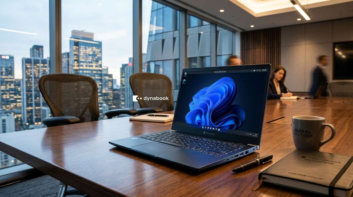 Executive studio photograph of Dynabook laptop sitting on a polished mahogany corporate boardroom table