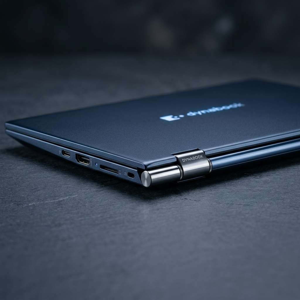 Close-up studio photo of Dynabook Portégé X40-P ultra-thin dark blue magnesium alloy chassis and durable hinge
